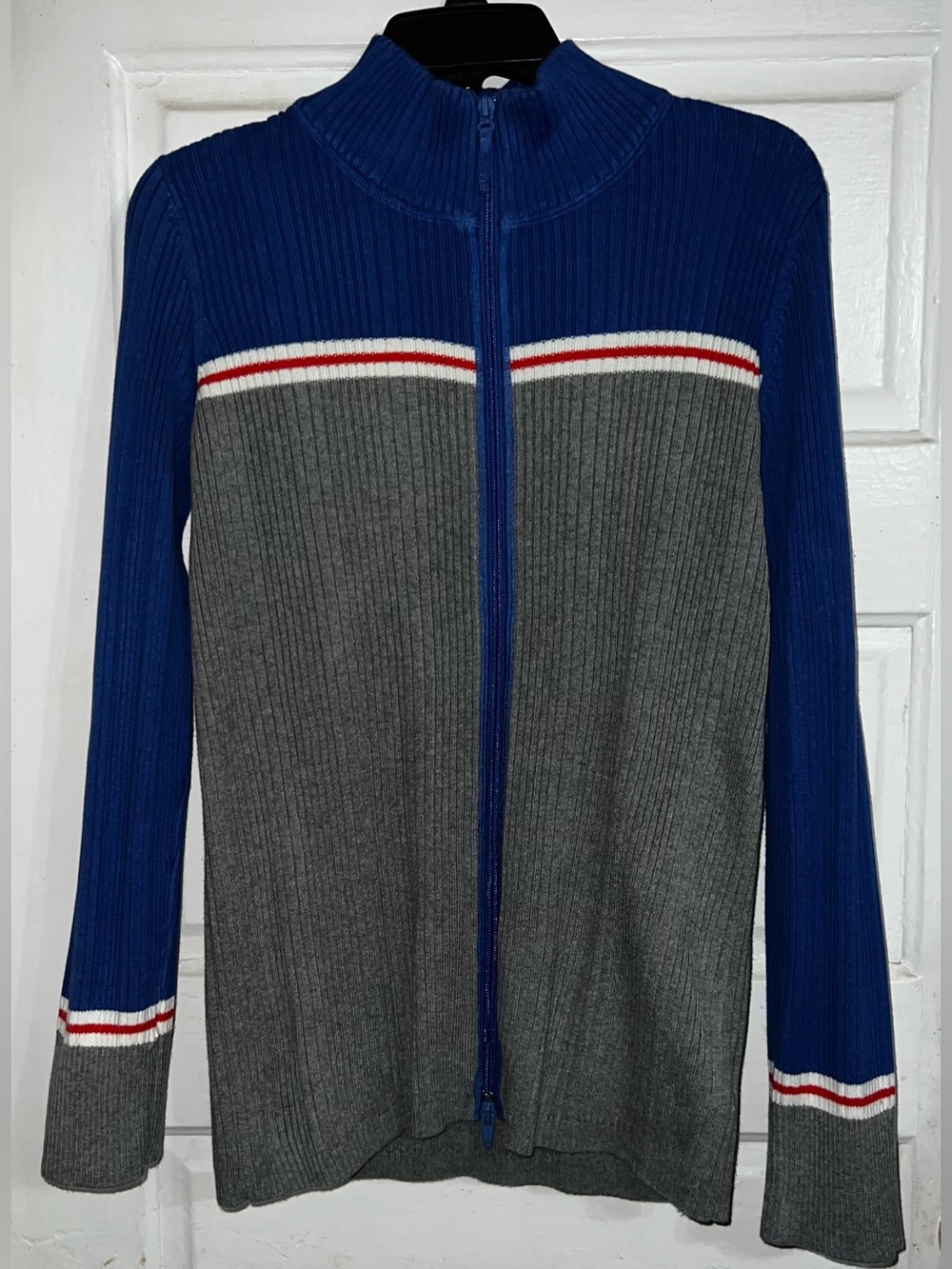 Eddie Bauer Blue and Gray Ribbed Zip-Up Sweater with Red-White Stripe